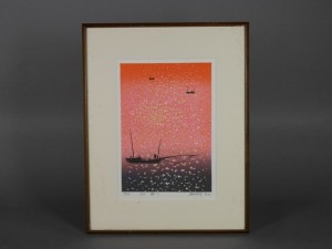 牧野宗則　木版画　夕焼けの海